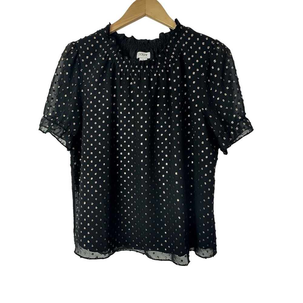 J Crew Blouse Womens M Ruffle Neck Top Black Gold Polka Dot‎ Rockabilly Pin Up